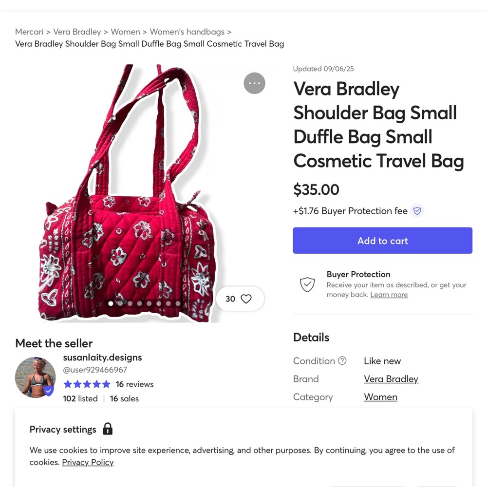 ‘Vera Bradley’ Quilted Red Bandana Duffel Bag - Picture 9 of 9